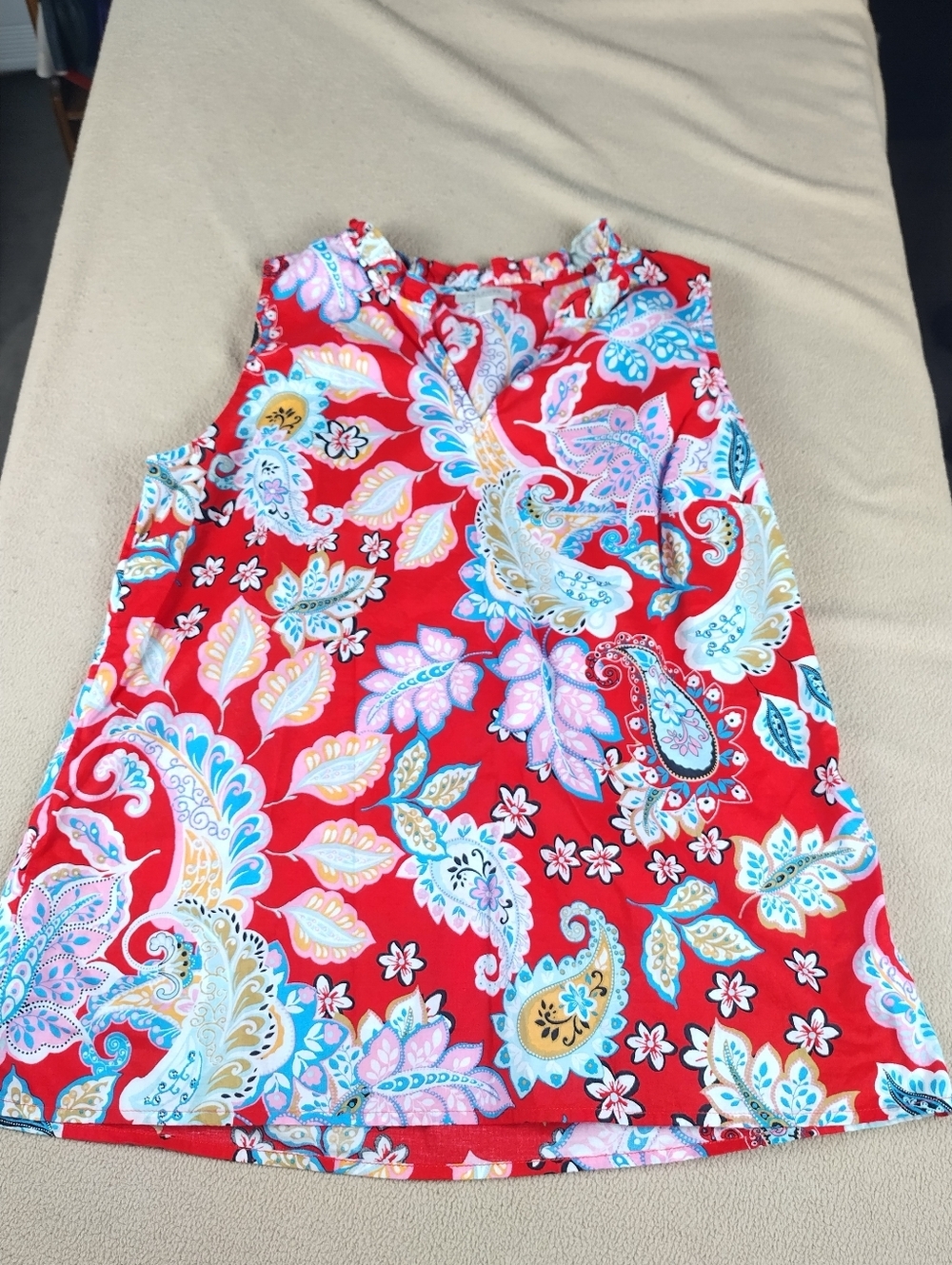Vtg Talbots Womens Sz Small Red Paisley Ruffle Neck Sleeveless Shell Top Blouse - Picture 6 of 6